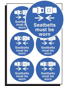 Seatbelts Must Be Worn - Sheet of 6 Labels | 65mm Diameter | Self Adhesive Vinyl