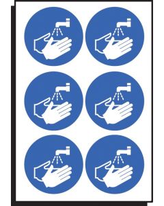 Wash Hands Symbol - Sheet of 6 Self Adhesive Labels 65mm Diameter