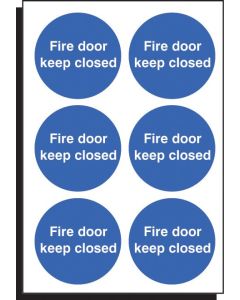 Fire Door Keep Closed - Sheet of 6 Labels | 65mm Diameter | Self Adhesive Vinyl