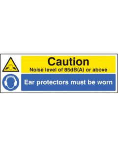 Caution Noise Level 85dB(A) - Ear Protectors Must Be Worn Sign | 300mm x 100mm | Quick-Fix Rigid PVC with SAV Backing