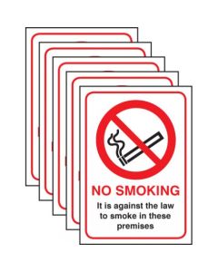 No Smoking - It Is Against the Law to Smoke in These Premises - Pack of 5 (A5) Signs | 148mm x 210mm | Rigid Plastic