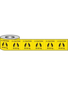 Caution Lifting 20-50kg - Roll of 500 Labels | 50mm x 50mm | Self Adhesive Vinyl