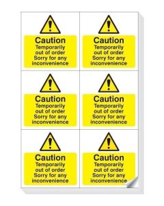 Caution Temporarily Out of Order - Sheet of 6 Easy Peel Labels | 105mm x 99mm