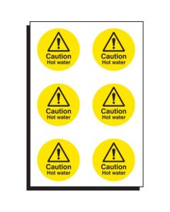 Caution Hot Water - Sheet of 6 Labels | 65mm Diameter | Self Adhesive Vinyl