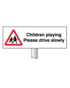 Children Playing - Please Drive Slowly Verge Sign with Post | 450mm x 150mm