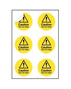  Caution Very Hot Water - Sheet of 6 Labels | 65mm Diameter | Self Adhesive Vinyl