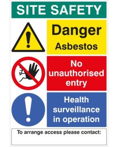 Site Safety Board - Danger Asbestos (Add your details) | 600mm x 900mm | Foam PVC