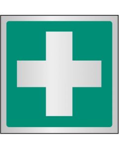 First Aid Symbol Safety Signs | 100mm x 100mm | Brushed Aluminium (Prestige)