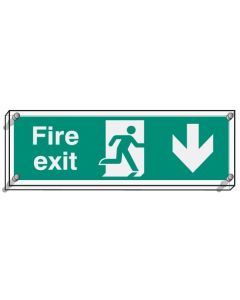 Fire Exit Down - Visual Impact Signs | 450mm x 150mm | 5mm Clear Acrylic c/w Stand off Locators