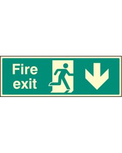 Fire Exit Down - Visual Impact Photoluminescent Signs | 450mm x 150mm | 5mm Clear Acrylic c/w Stand off Locators