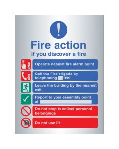 Fire Action Notice With Safety Symbols, Manual Fire Brigade Call 999 , Do Not Use Lift | 150mm x 200mm | Brushed Aluminium (Prestige)