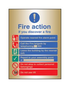 Fire Action Notice With Safety Symbols, Manual Fire Brigade Call 999 , Do Not Use Lift | 150mm x 200mm | Polished Brass (Prestige)