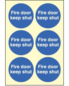 Fire Door Keep Shut - Sheet of 6 Labels | 65mm Diameter | Photoluminescent S/A Vinyl