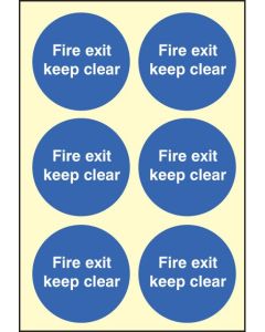 Fire Exit Keep Clear - Sheet of 6 Labels | 65mm Diameter | Photoluminescent S/A Vinyl