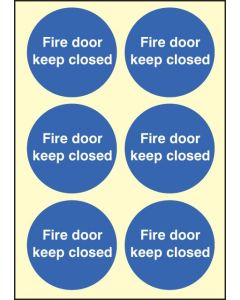 Fire Door Keep Closed - Sheet of 6 Labels | 65mm Diameter | Photoluminescent S/A Vinyl