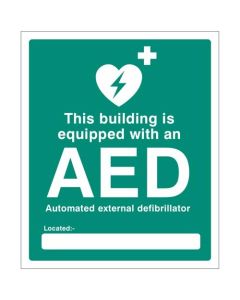 This Building is Equipped with an AED Located Signs | 250mm x 300mm | Rigid Plastic