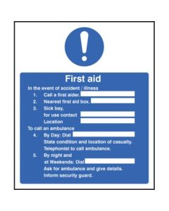 First Aid in the Event of Accident / Illness Safety Signs | 250 x 300mm | Rigid Plastic