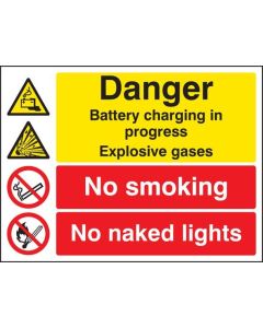 Danger Battery Charging In Progress - No Smoking - No Naked Lights Signs | 400mm x 300mm | Self Adhesive Vinyl