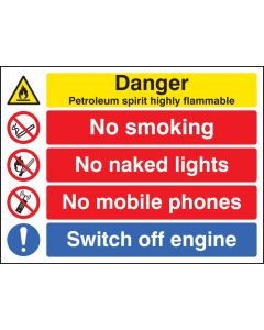 Danger Petroleum Spirit Highly Flammable - No Smoking/Switch Off Engine Etc Signs | 400mm x 300mm | Rigid Plastic