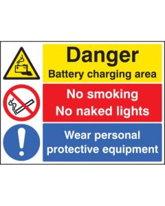 Danger Battery Charging Area - No Smoking, No Naked Lights - Wear PPE Signs