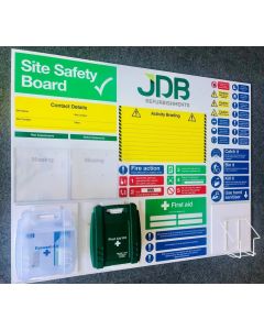 Site Safety Board with Activity Briefing Area, First Aid & Eye Wask Kits & Wire Basket for Hand Sanitiser