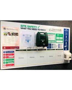 Compact H&S Info Board with First Aid, Eye Wash Kits and Hand Sanitising Dispenser