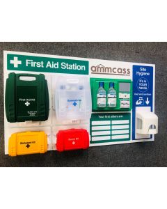 Branded first aid station with hand sanitising dispenser