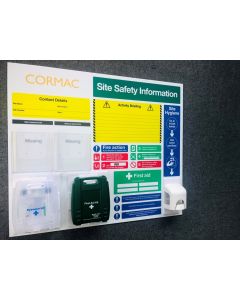 Construction site safety board with briefing area and hand sanitising dispenser